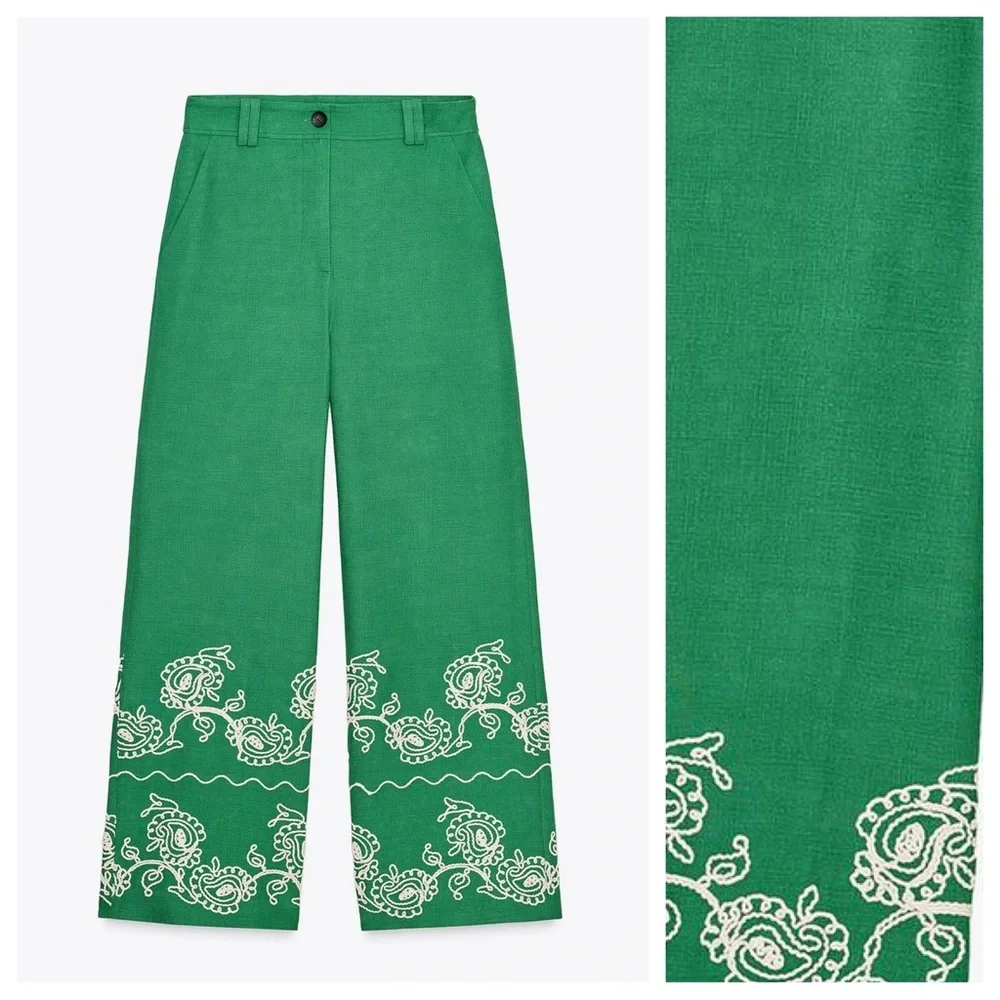 NWT. Zara Green Viscose/Linen Blend Embroidered Trousers. Size M.